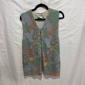 Gabriella T Italy Knit Vest Large Boho Cottagecore Leaf Print Retro Grandmacore